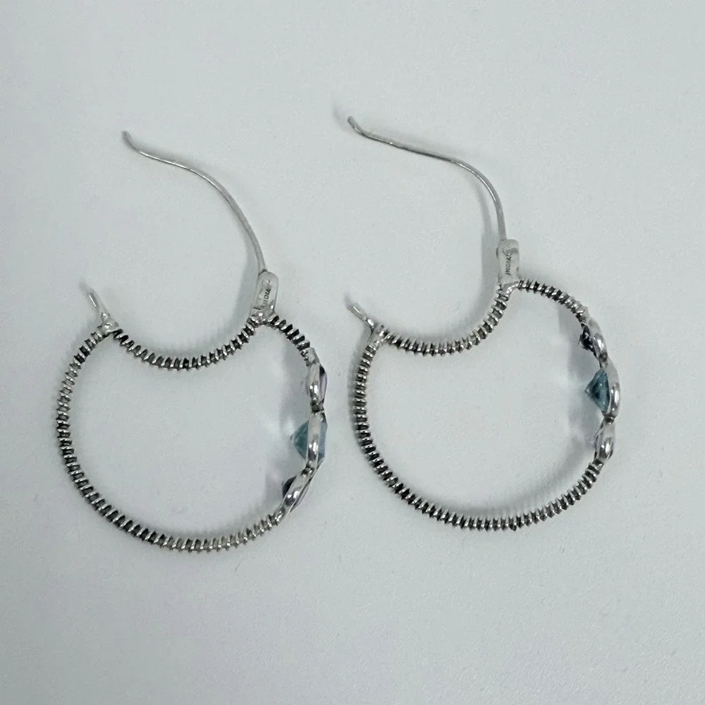 Large Sterling Thin Cable Hoops Amethyst and Blue Topaz 6 Grams Pierced Ears